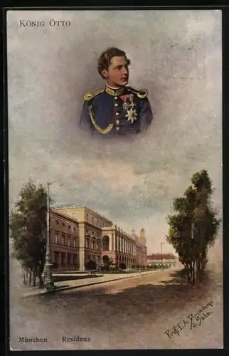 Künstler-AK Ganzsache PP10 D1 /06: München, Residenz, König Otto I. in Uniform