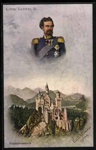 Künstler-AK Ganzsache PP10 D1 /02: Portrait von König Ludwig II. von Bayern, Neuschwanstein