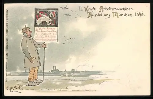 Künstler-AK Ganzsache PP15 C2 /09: München, II. Kraft- & Arbeitsmaschinen-Ausstellung 1898, Bayer mit Reklametafel
