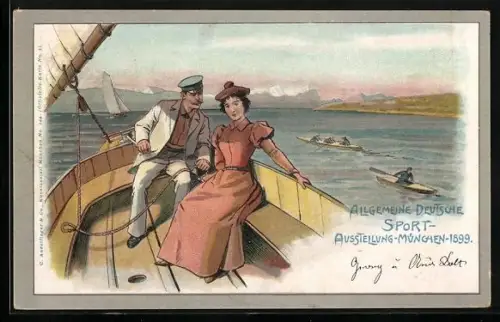 Lithographie München, Allgemeine Deutsche Sport-Ausstellung 1899, Törn mit dem Segelboot, Ganzsache Bayern
