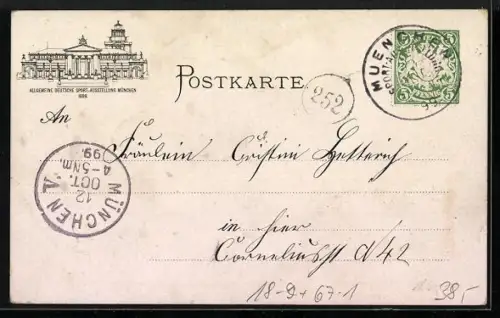 Lithographie München, Allgemeine Deutsche Sport-Ausstellung 1899, Törn mit dem Segelboot, Ganzsache Bayern