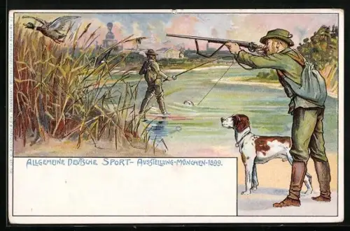 Lithographie Ganzsache PP15 C12 /013: München, Allgemeine Deutsche Sport-Ausstellung 1899, Jäger auf Entenjagd