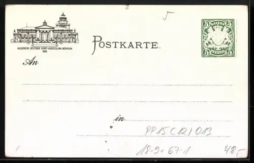 Lithographie Ganzsache PP15 C12 /013: München, Allgemeine Deutsche Sport-Ausstellung 1899, Jäger auf Entenjagd