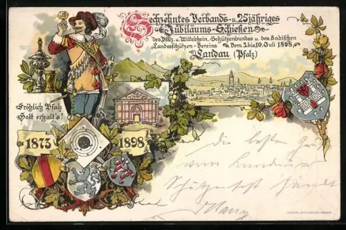 Lithographie Landau /Pfalz, 16. Verbands- und 25-jähriges Jubiläums-Schiessen 1898, Ganzsache Bayern