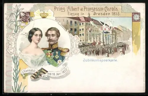 Lithographie Dresden, Jubiläum d. Vermählung v. Prinz Albert u. Prinzessin Carola, Einzug der Vermählten 1853, Ganzsache