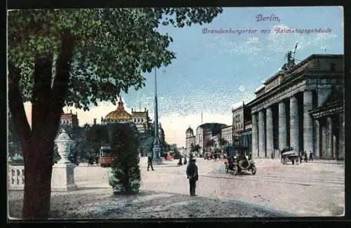 AK Berlin, Brandenburger Tor mit Reichstagsgebäude