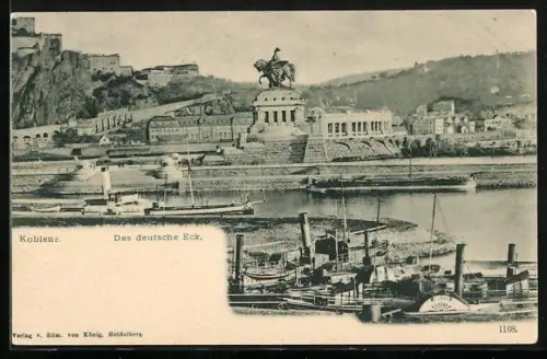 AK Koblenz, Das deutsche Ecke mit Denkmal am Rhein, Dampfer