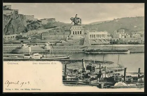 AK Koblenz, Das deutsche Ecke mit Denkmal am Rhein, Dampfer