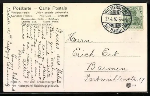 AK Berlin, Vor dem Brandenburger Tor, Im Hintergrund Reichstagsgebäude