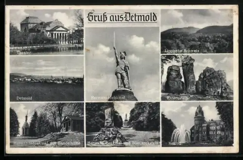 AK Detmold, Hermannsdenkmal, Theater, Schloss und Externsteine