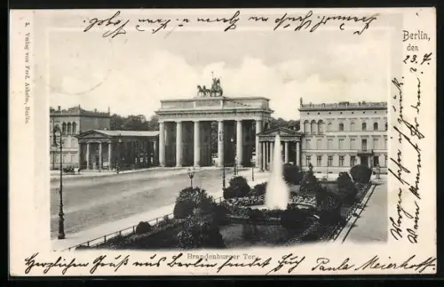 AK Berlin, Brandenburger Tor mit Fontäne