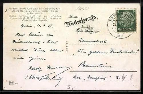 AK Berlin, Pariser Platz mit Tiergarten, Krolloper, Siegessäule und Reichstag