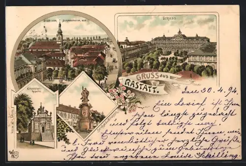 Vorläufer-Lithographie Rastatt, 1894, Schloss, Schlossplatz, Einsiedlerkapelle