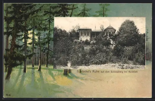 AK Buchfart, Gasthaus Güntsche`s Ruhe auf dem Schlossberg, Wald im Mondschein