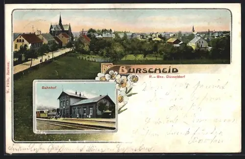 AK Burscheid /Düsseldorf, Bahnhof und Ortsansicht aus der Vogelschau