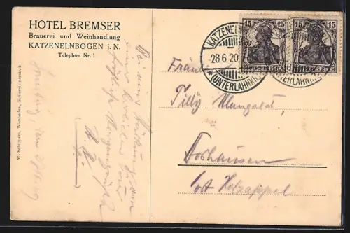 AK Katzenelnbogen i. N., Hotel Bremser, Brauerei, Speisesaal, Billardzimmer