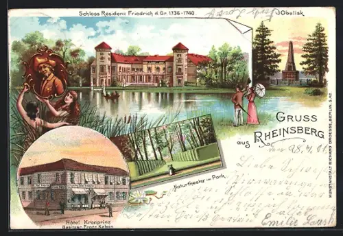 Lithographie Rheinsberg, Hotel Kronprinz, Bes. Franz Kelpin, Schloss Residenz Friedrich d. Gr., Obelisk, Naturtheater