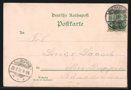 Lithographie Rheinsberg, Hotel Kronprinz, Bes. Franz Kelpin, Schloss Residenz Friedrich d. Gr., Obelisk, Naturtheater