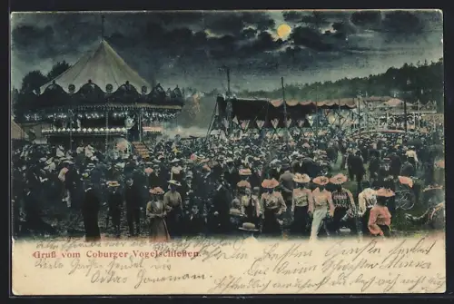 AK Coburg, Volksfest Vogelschiessen, Festplatz mit Menschenmenge, Karussell, Festzelte