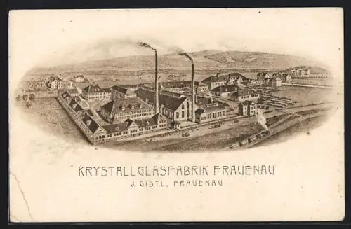 AK Frauenau, Krystallglasfabrik J. Gistl aus der Vogelschau
