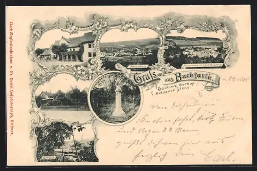 AK Buchfart, Gasthof Goldener Stern, Bes. Güldner, Panorama, Brücke