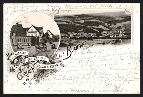 Lithographie Buchfart b. Weimar, Gasthof zum Goldenen Stern, Bes. L. Güldner
