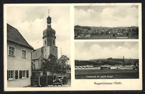 AK Regnitzlosau /Obfr., Kirche, Ortsansicht, Textilwerk Fr. Adolf Sörgel