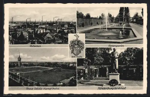 AK Forst /Lausitz, Rosengarten, Fabriken, Franz Seldle-Kampfbahn, Wappen