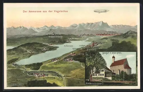 Künstler-AK Eugen Felle: Der Ammersee aus der Vogelschau mit Zeppelin