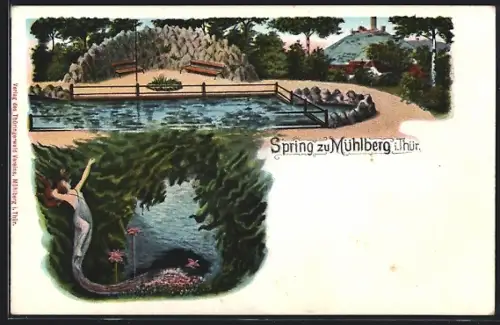 Künstler-AK Mühlberg i. Thür., Spring, Quelle mit Fabelwesen