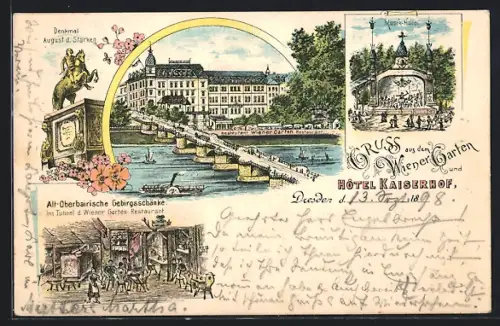 Lithographie Dresden-Neustadt, Hotel Kaiserhof, Wiener Garten, Denkmal August d. Starken