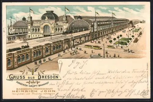 Lithographie Dresden, Personen-Hauptbahnhof, Eisenbahn verlässt den Bahnhof, Strassenbahn, Leute um 1900