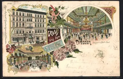 Lithographie Dresden, Gasthof Tivoli, Conzert- und Ball-Saal, Tunnel, Wettiner Strasse 12