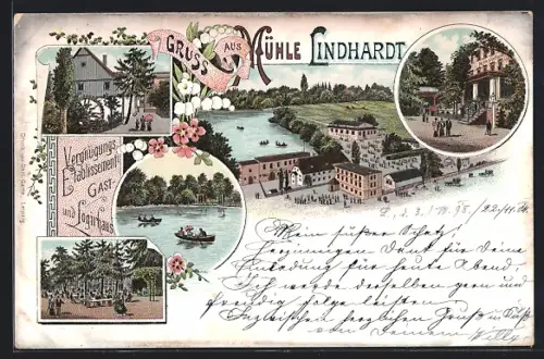 Lithographie Lindhardt / Naunhof, Gasthaus Pension Mühle Lindhardt mit Gartenlokal, Ruderboote