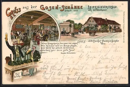 Lithographie Leipzig-Eutritzsch, Gasthaus Gosen-Schänke - Gebäude, Inneres, Fröhliche Zecher