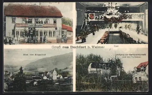 AK Buchfart / Weimar, Gasthof zum Burgschloss, Blick auf den Ort