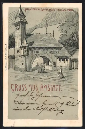 Künstler-AK Rastatt, Industrie- u. Gewerbeausstellung 1901