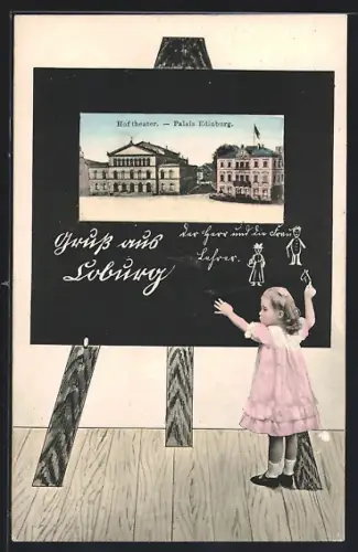 Schultafel-AK Coburg, Hoftheater, Mädchen an einer grossen Kreidetafel