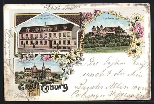 Lithographie Coburg, Restaurant zum Erbprinzen von A. Schubarth, Veste Coburg, Schloss Ehrenburg