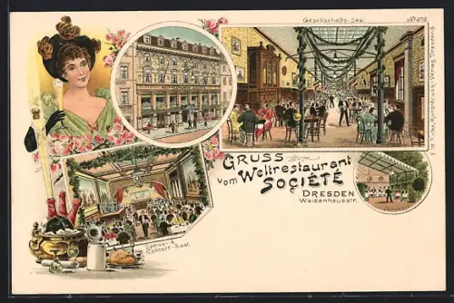 Lithographie Dresden, Gasthof Weltrestaurant Société in der Waisenhausstrasse