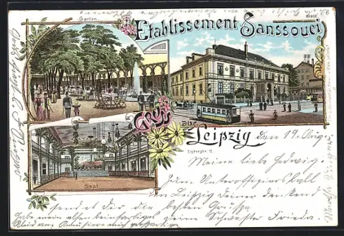 Lithographie Leipzig, Gasthof Sanssouci mit Strassenbahn, Elsterstrasse 12, Garten, Saal