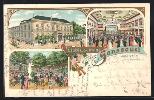 Lithographie Leipzig, Gasthof Sanssouci in der Elsterstr. 12, Inh. Wilh. Städter, Strassenbahn