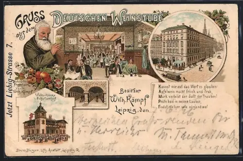 Lithographie Leipzig, Gasthof Deutshe Weinstube, Inh. Wilh. Kämpf, Gasthof Weinschänke i. Schützenhof