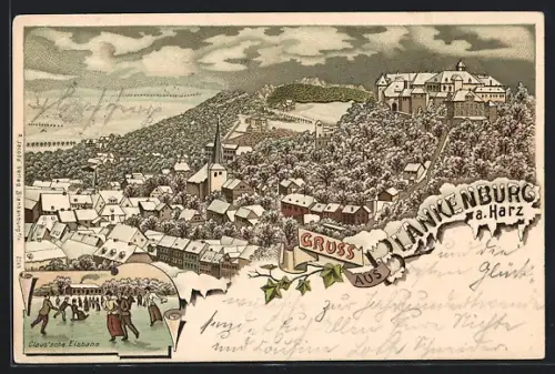 Winter-Lithographie Blankenburg a. Harz, Ortsansicht im Schnee und Claus`sche Eisbahn