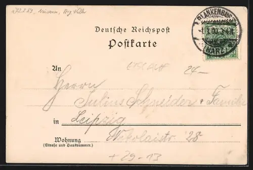 Winter-Lithographie Blankenburg a. Harz, Ortsansicht im Schnee und Claus`sche Eisbahn