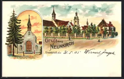 Lithographie Friesenheim, Neunkirch, Nothelfer Kapelle und Strassenpartie