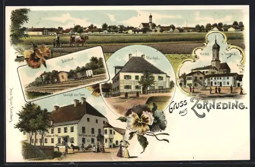 Lithographie Zorneding, Bahnhof, Gasthof zur Post, Pfarrhof, Kirche und Denkmal