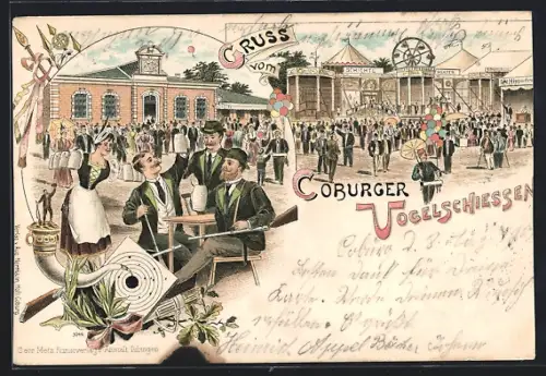 Lithographie Coburg, Volksfest Coburger Vogelschiessen, Besucher auf dem Festplatz