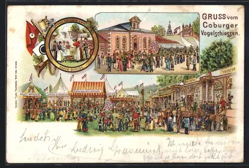 Lithographie Coburg, Coburger Vogelschiessen, Theater, Amerikanische Schaukel