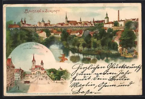 Lithographie Bautzen, in der Zukunft, Eingang zur Brücke Lauenstrasse